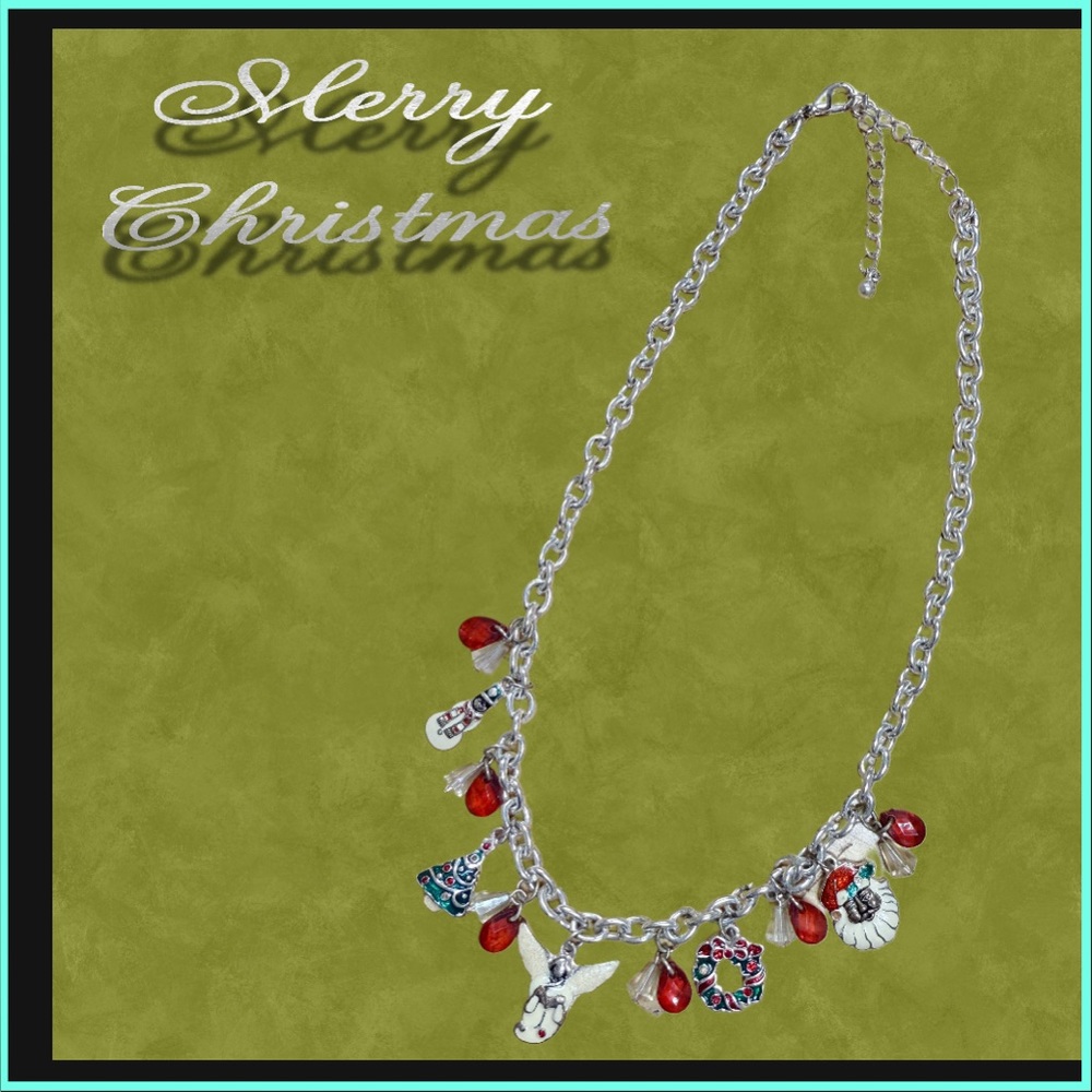 Silver Christmas Themed Charm Necklace with Red Accents